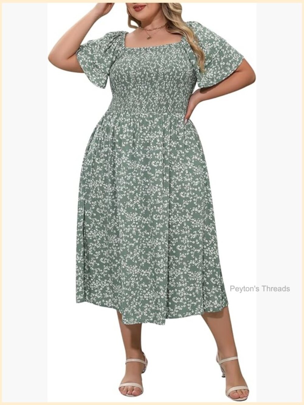 Plus Size Boho Midi Dress with Pockets Smocked Floral Long Beach Dress